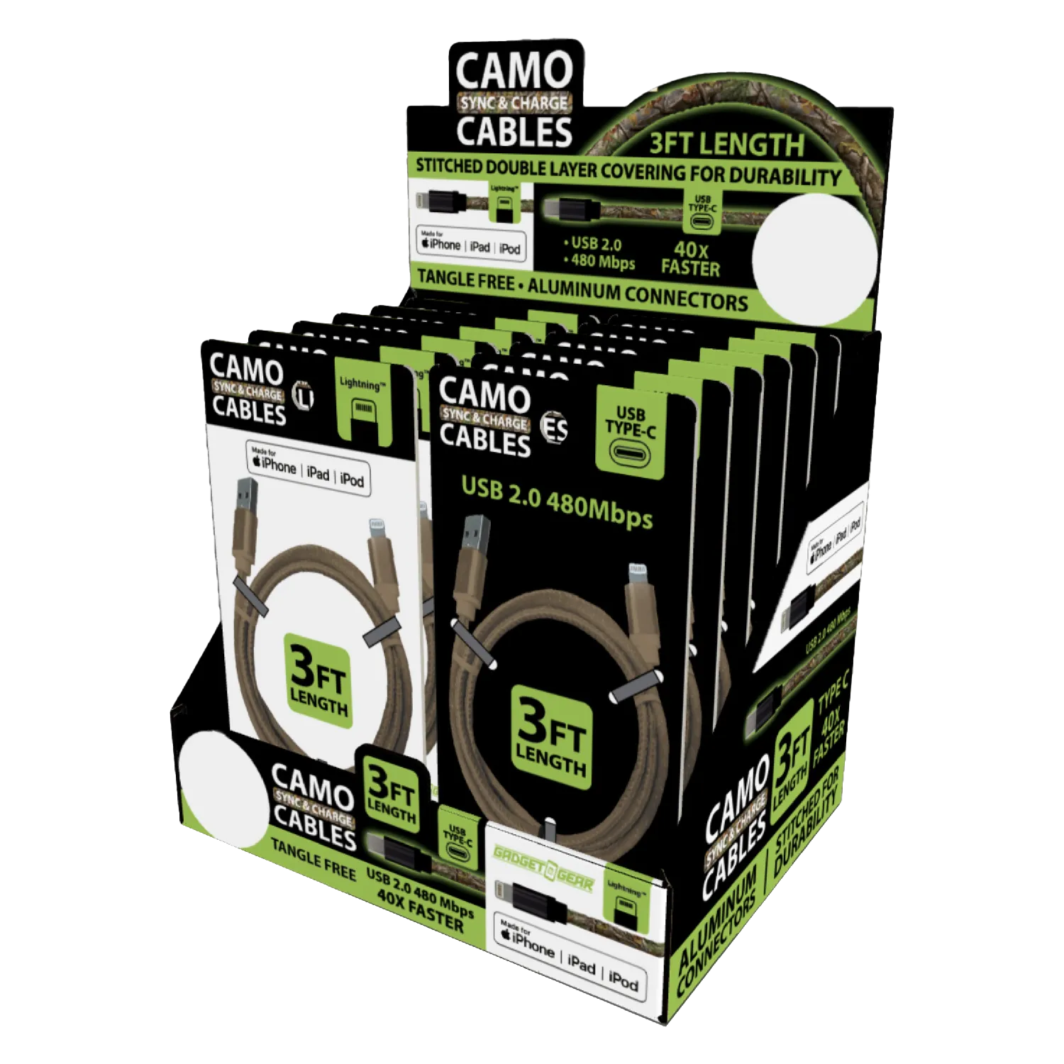 Charging Cable Camo Assortment 3FT - 12 Pieces Per Retail Ready Display 88457