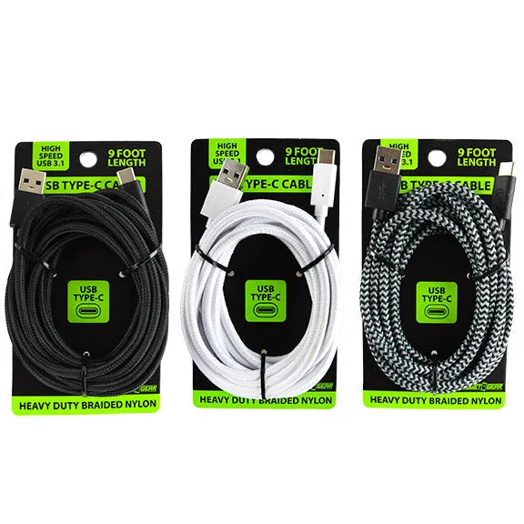 Charging Cable Cloth USB 3.1 to USB-C 9FT - 3 Pieces Per Pack 22440