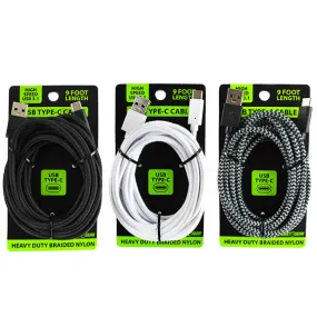 Charging Cable Cloth USB 3.1 to USB-C 9FT - 3 Pieces Per Pack 22440