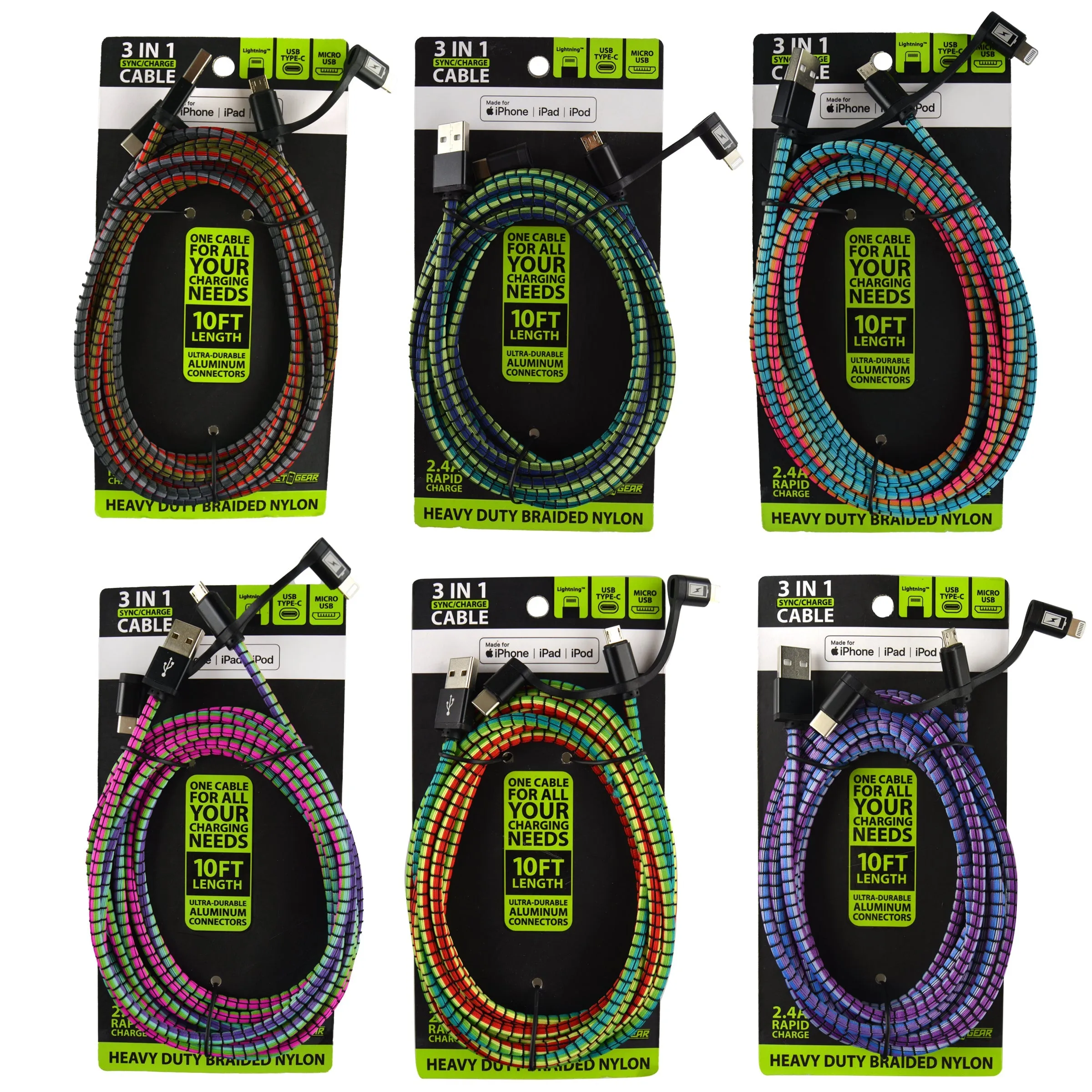 Charging Cable USB 3 in 1 USB-C / Micro USB / Lightning 10FT - 6 Pieces Per Retail Ready Display 23100