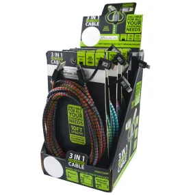 Charging Cable USB 3 in 1 USB-C / Micro USB / Lightning 10FT - 6 Pieces Per Retail Ready Display 23100