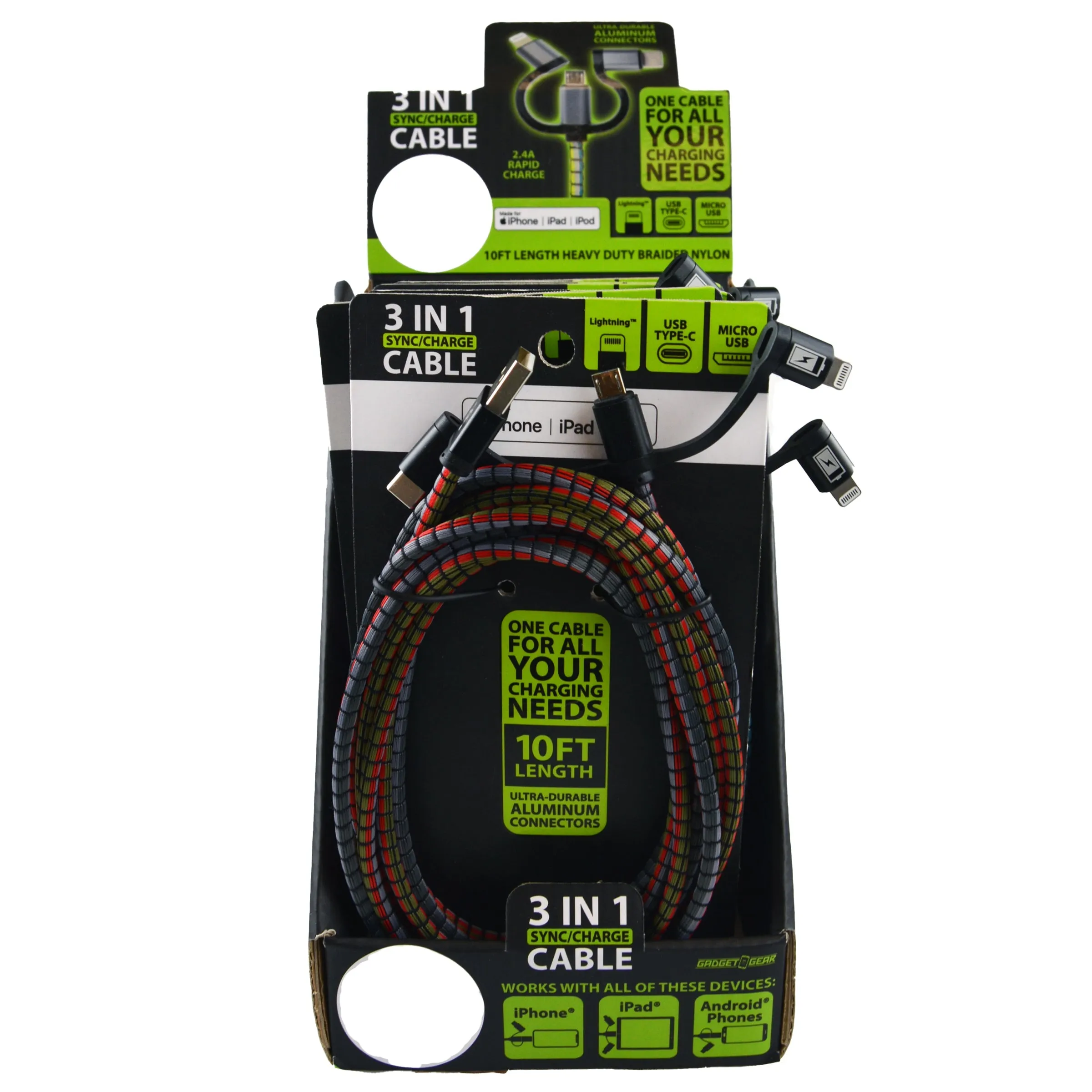 Charging Cable USB 3 in 1 USB-C / Micro USB / Lightning 10FT - 6 Pieces Per Retail Ready Display 23100