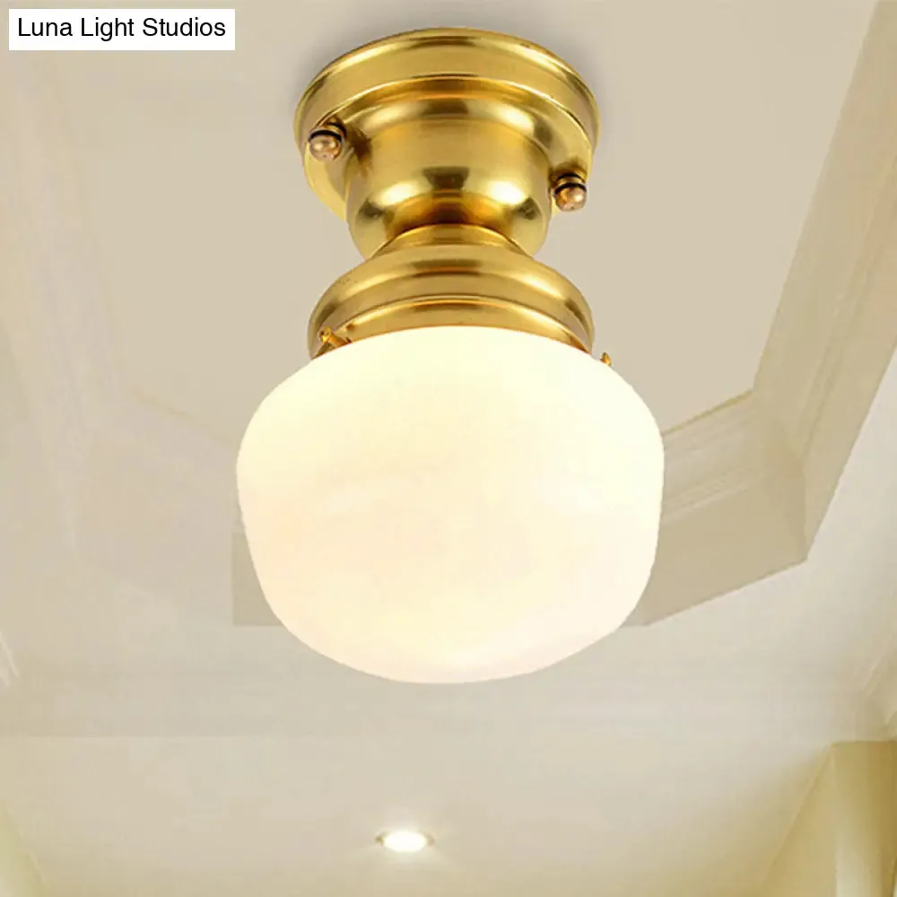 Classic Round White Glass Flush Mount Lamp with Brass 1 Light Ceiling Lighting - for Living Room