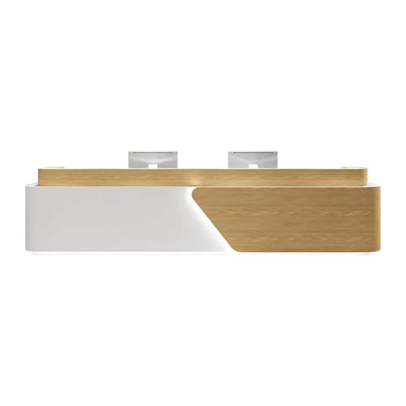 Color-Blocked Straight Reception Desk with LED Lights and Cabinets for Hotels and Salons JDT-1031