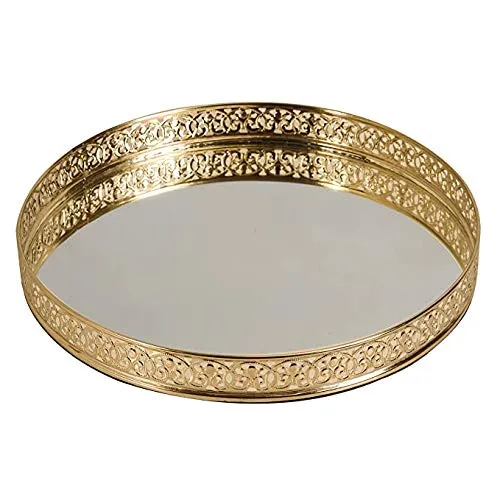 Craft Brio -A TRENDY HANDICRAFTS Round Decorative Mirror Tray 10 inches Dia Gold Plated Round Decorative Glass Mirror for Weeding and Pooja Diwali Gifting (10 X 10 X 2 Inches)
