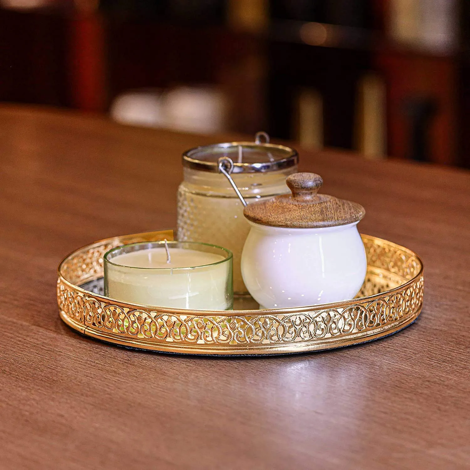 Craft Brio -A TRENDY HANDICRAFTS Round Decorative Mirror Tray 10 inches Dia Gold Plated Round Decorative Glass Mirror for Weeding and Pooja Diwali Gifting (10 X 10 X 2 Inches)