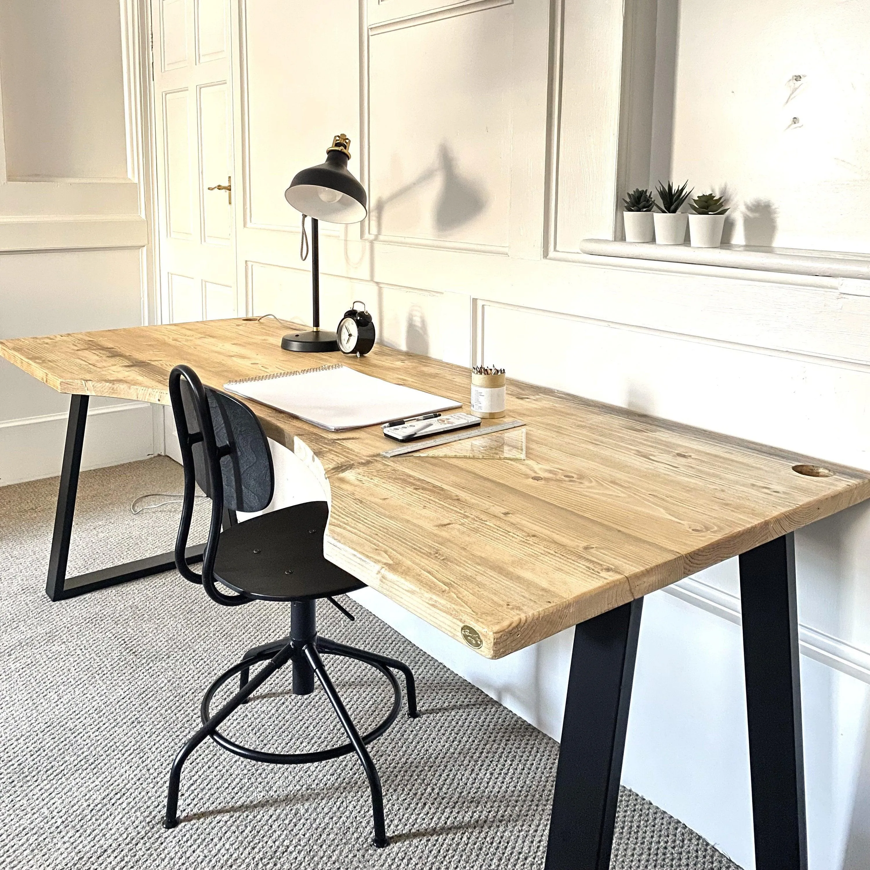 DAISI: Reclaimed Curved Desk with Trapezium Legs and Cabling Holes