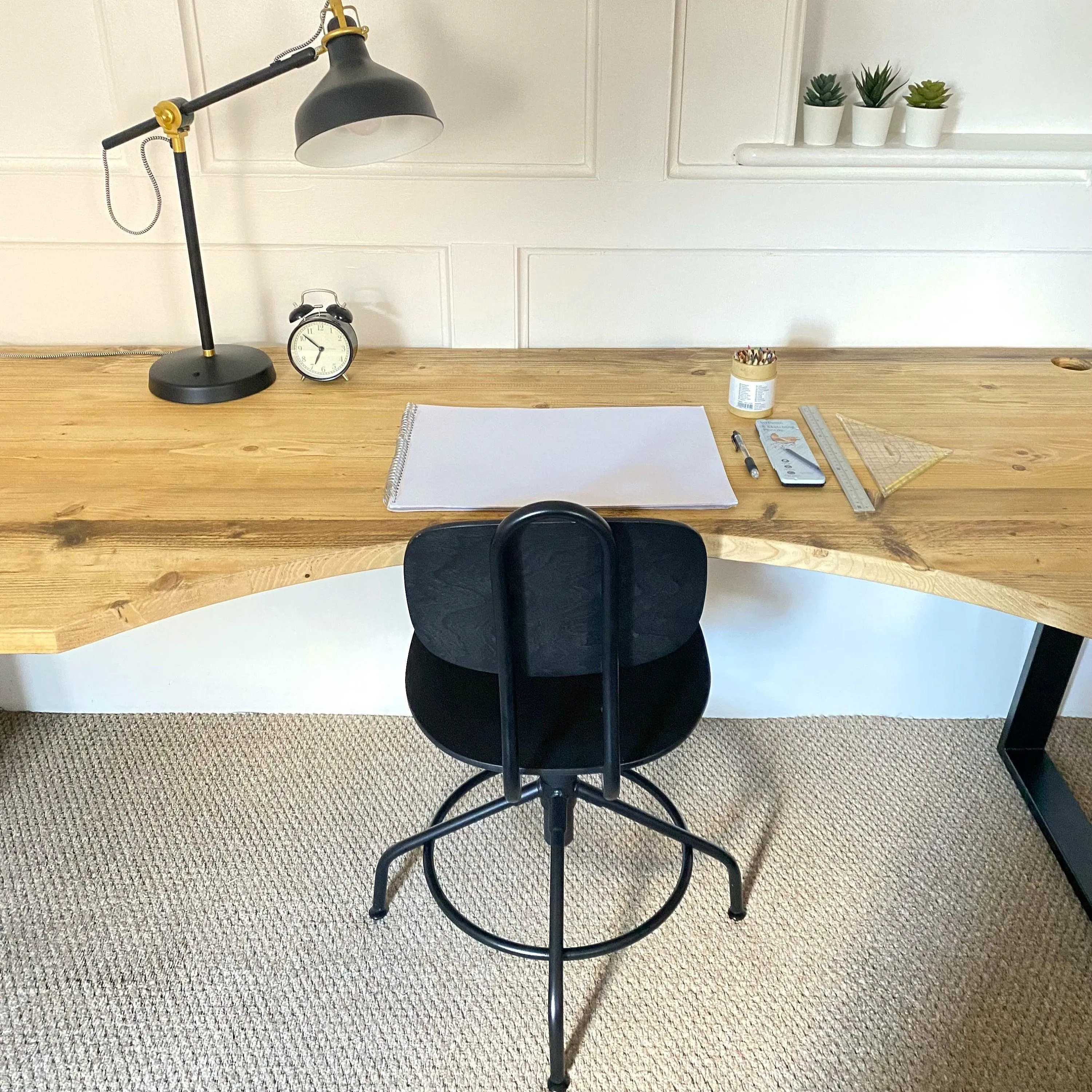 DAISI: Reclaimed Curved Desk with Trapezium Legs and Cabling Holes