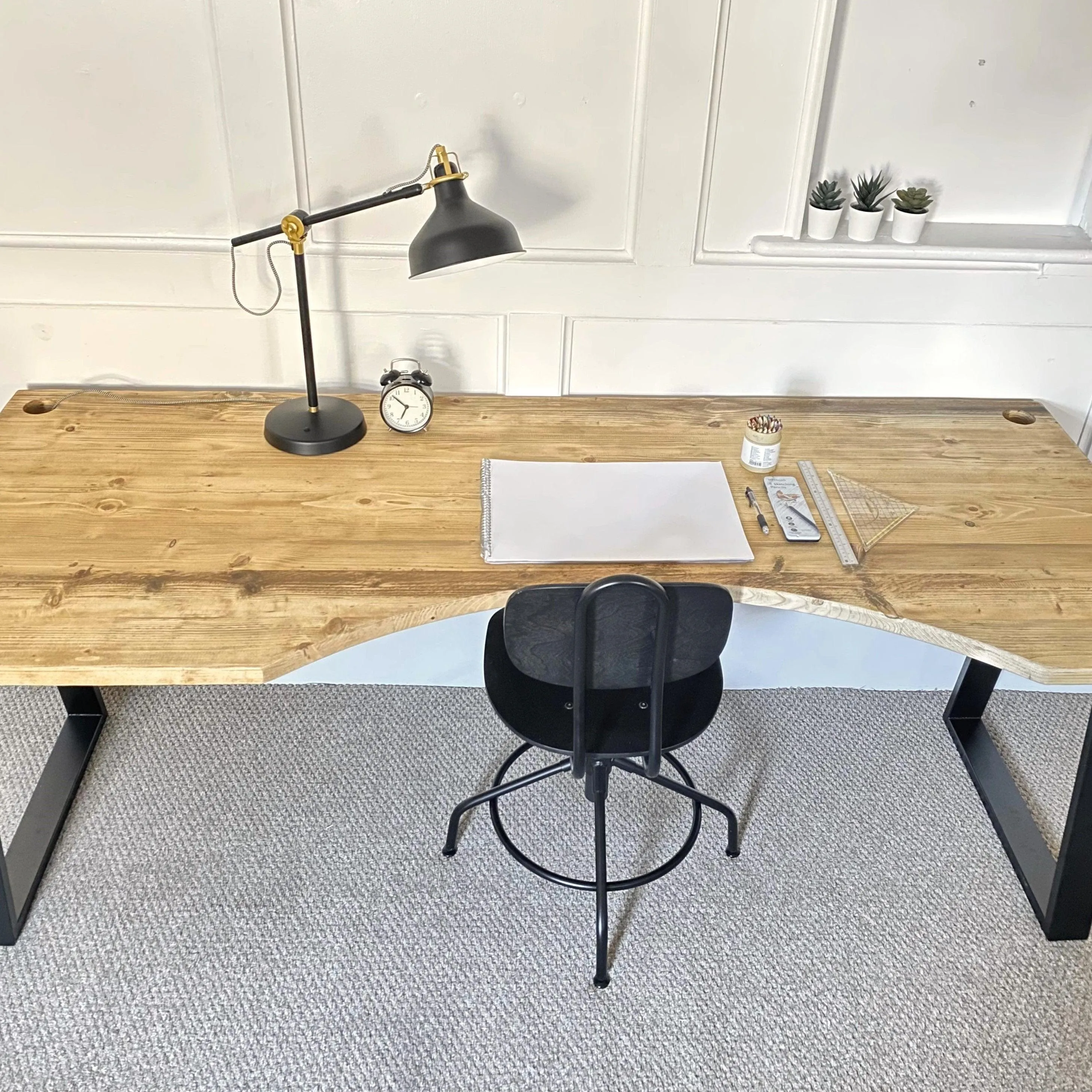 DAISI: Reclaimed Curved Desk with Trapezium Legs and Cabling Holes