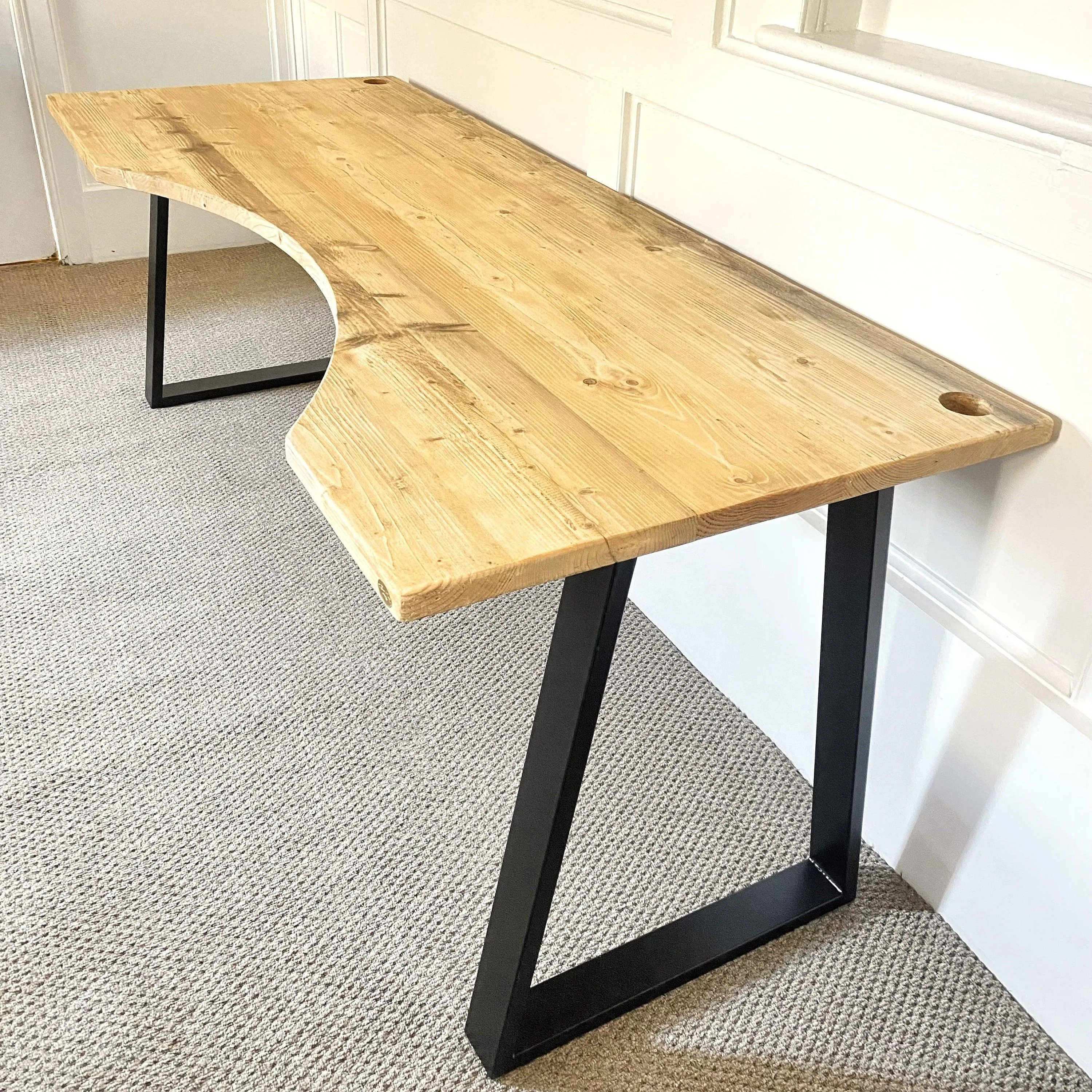 DAISI: Reclaimed Curved Desk with Trapezium Legs and Cabling Holes
