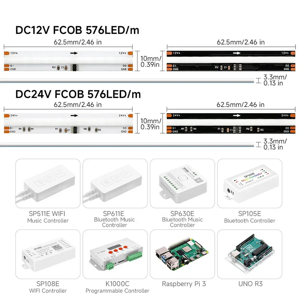 DC12V 24V FCOB SPI RGBIC LED Strip Light 576LEDs WS2811 Addressable Dream Color High Flexible RA90
