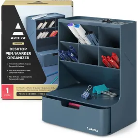 Desktop Pen and Marker Organizer | 6-Compartment Blue Pen Holder for Desk with Stationery Drawer | 5.43in x 7.09in x 9.33in