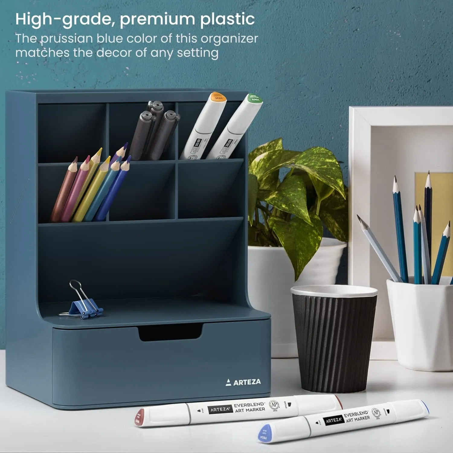 Desktop Pen and Marker Organizer | 6-Compartment Blue Pen Holder for Desk with Stationery Drawer | 5.43in x 7.09in x 9.33in