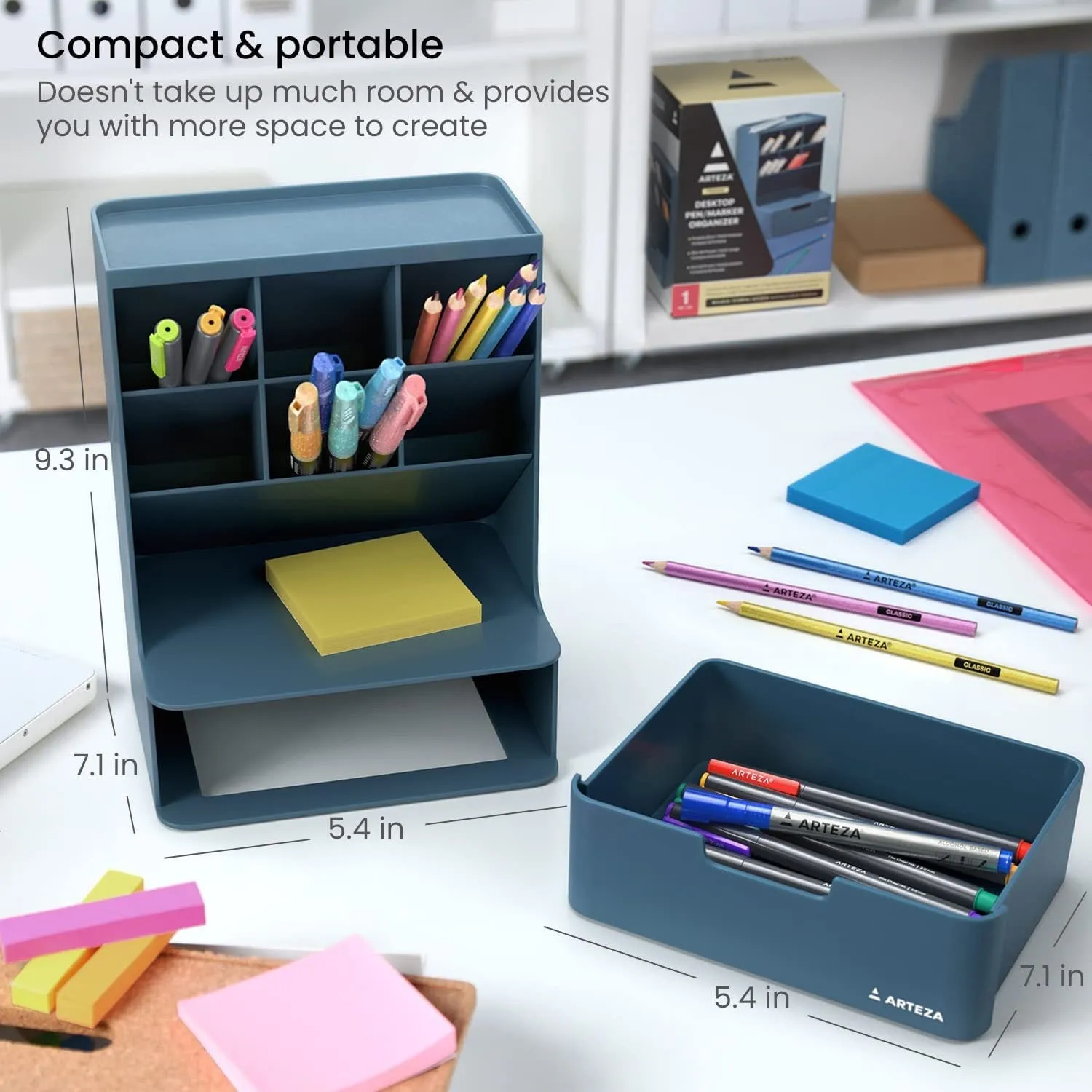 Desktop Pen and Marker Organizer | 6-Compartment Blue Pen Holder for Desk with Stationery Drawer | 5.43in x 7.09in x 9.33in