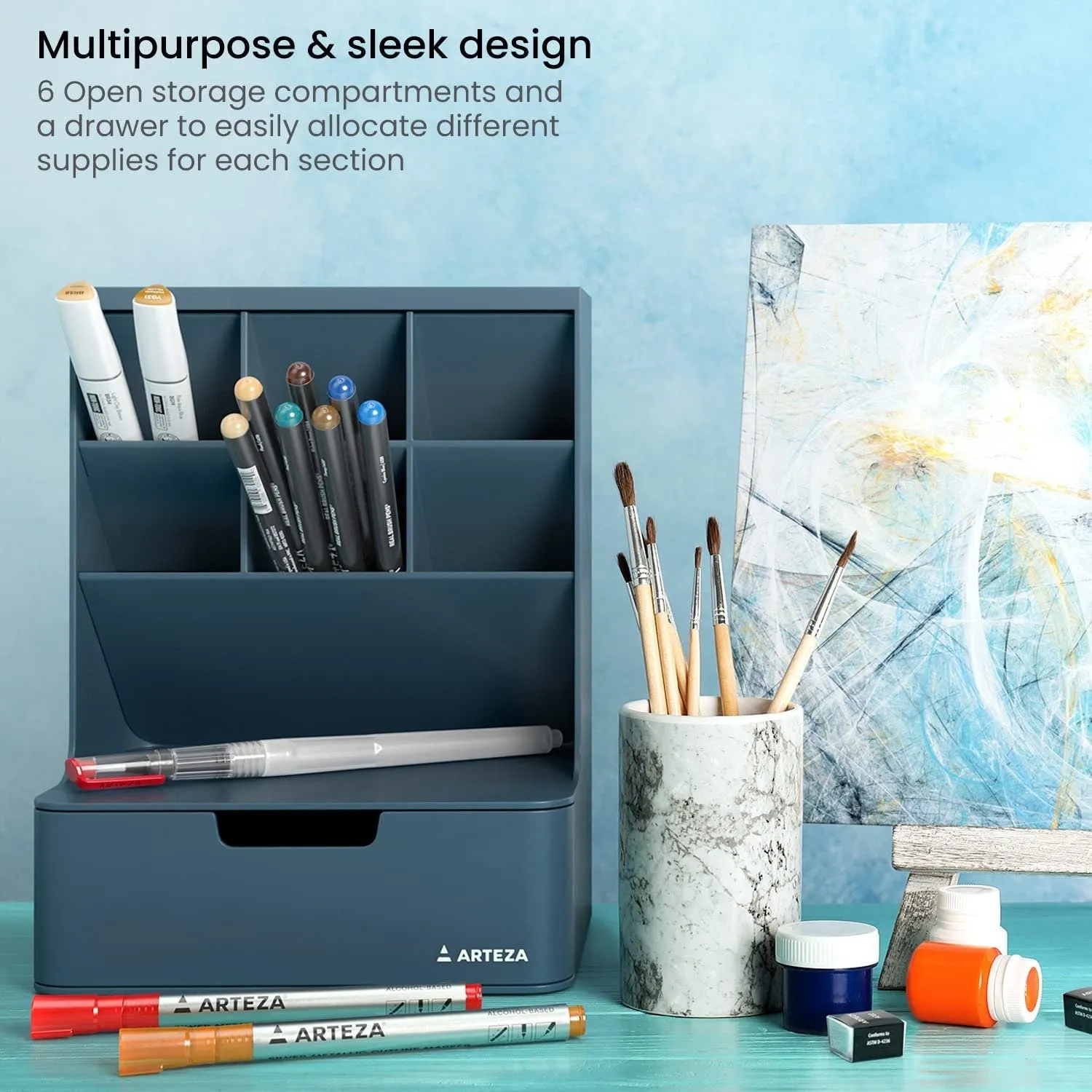 Desktop Pen and Marker Organizer | 6-Compartment Blue Pen Holder for Desk with Stationery Drawer | 5.43in x 7.09in x 9.33in