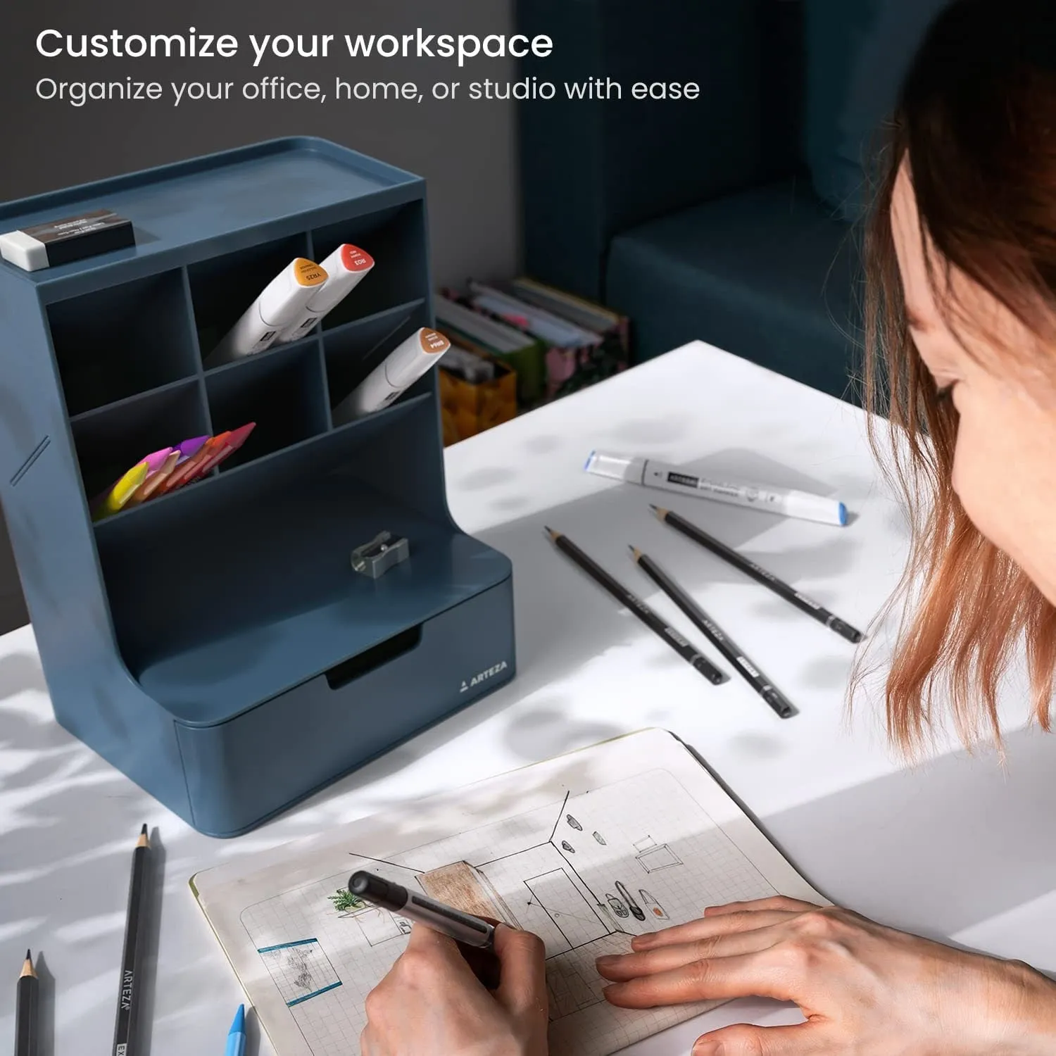 Desktop Pen and Marker Organizer | 6-Compartment Blue Pen Holder for Desk with Stationery Drawer | 5.43in x 7.09in x 9.33in