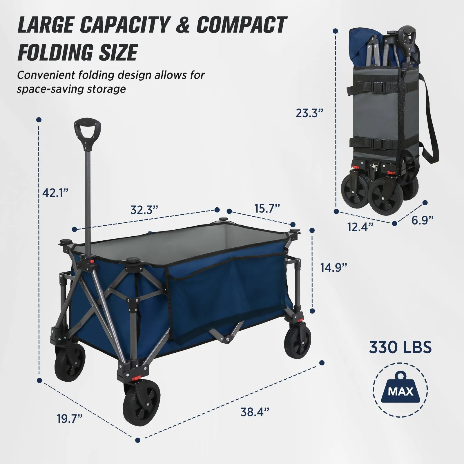 EAGLE PEAK Heavy-Duty Collapsible Folding Utility Wagon, All Terrain Garden Hand Cart with Large Size Pocket and Cup Holders for Sports, Beach, Camping, Garden, and Grocery, Black / Dark Blue
