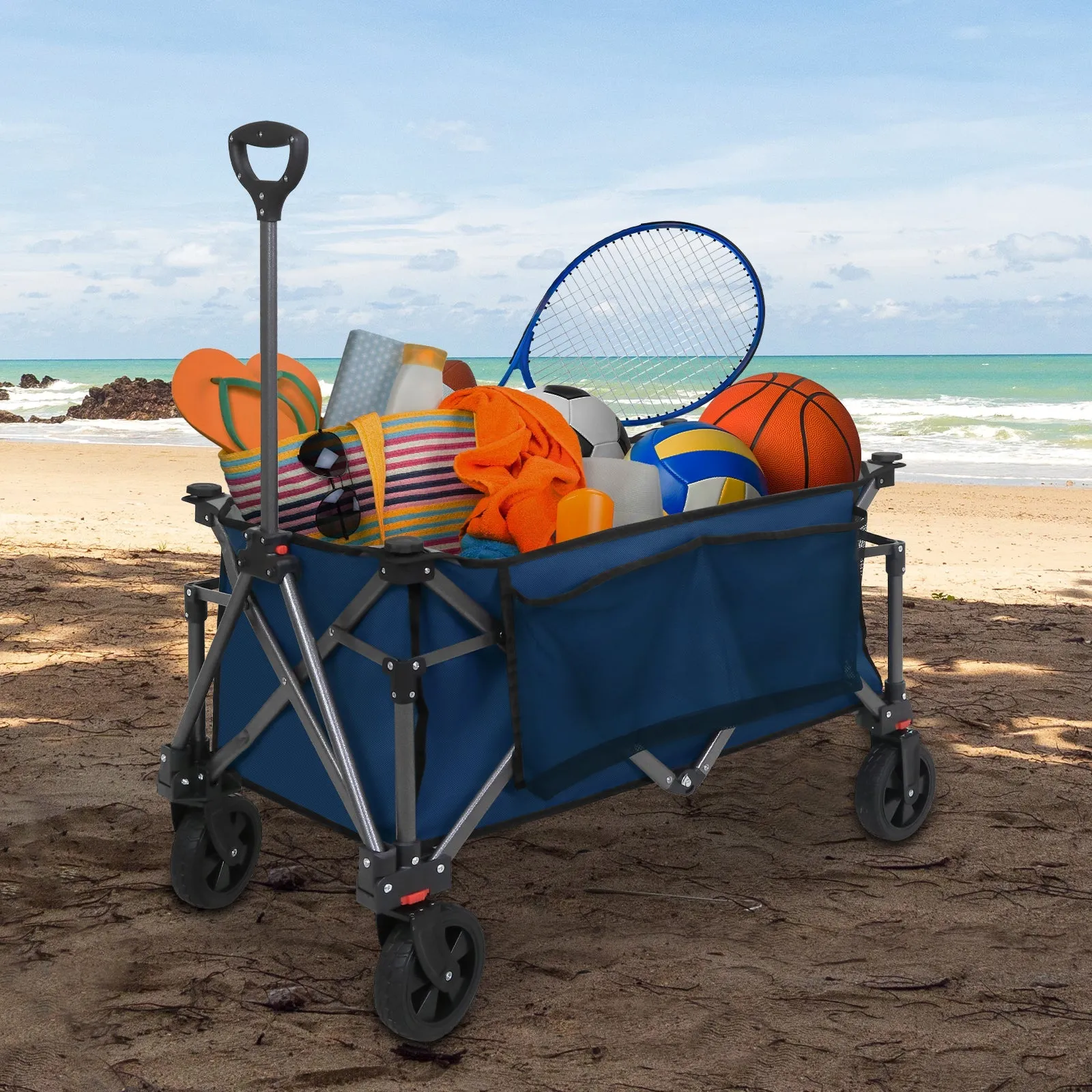 EAGLE PEAK Heavy-Duty Collapsible Folding Utility Wagon, All Terrain Garden Hand Cart with Large Size Pocket and Cup Holders for Sports, Beach, Camping, Garden, and Grocery, Black / Dark Blue
