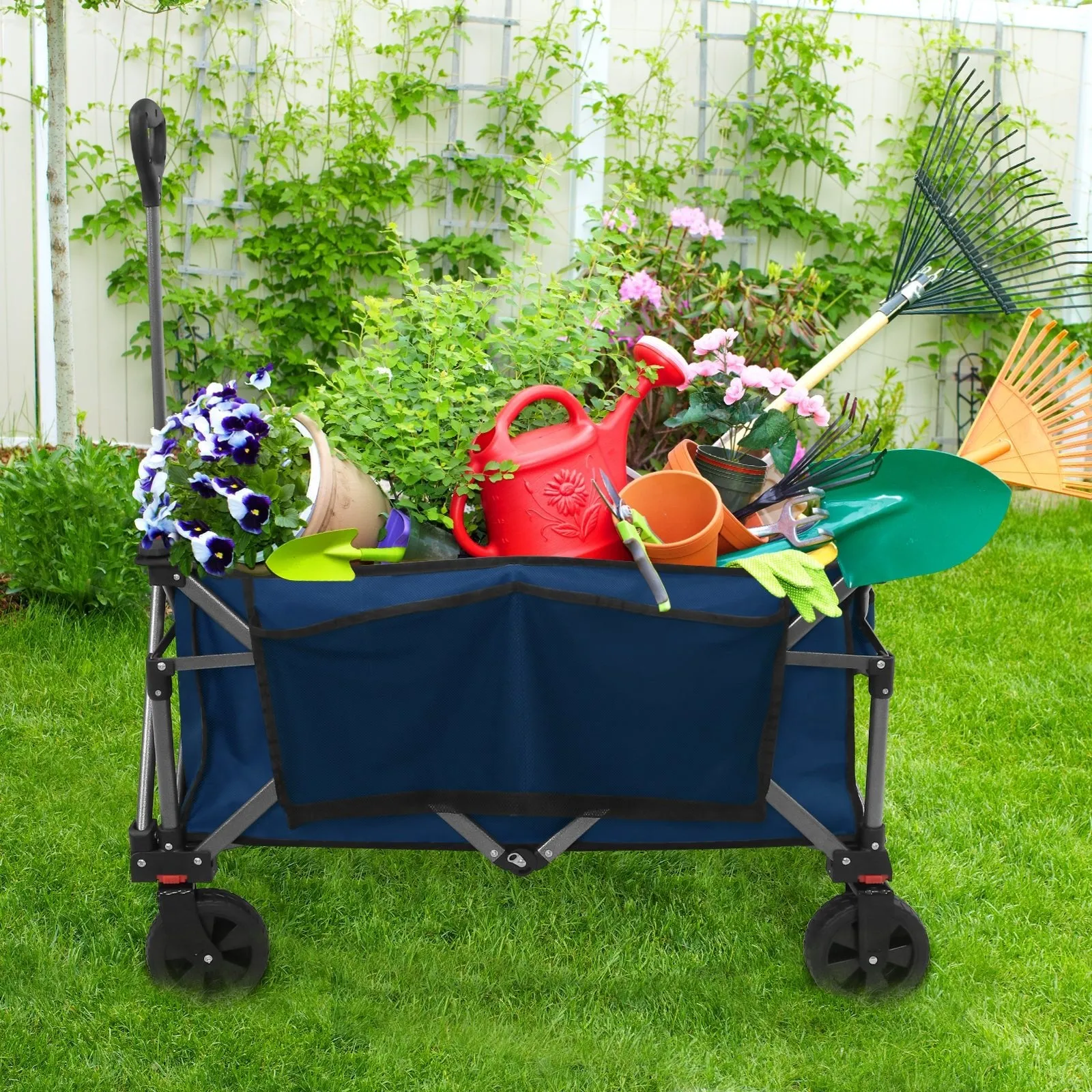 EAGLE PEAK Heavy-Duty Collapsible Folding Utility Wagon, All Terrain Garden Hand Cart with Large Size Pocket and Cup Holders for Sports, Beach, Camping, Garden, and Grocery, Black / Dark Blue