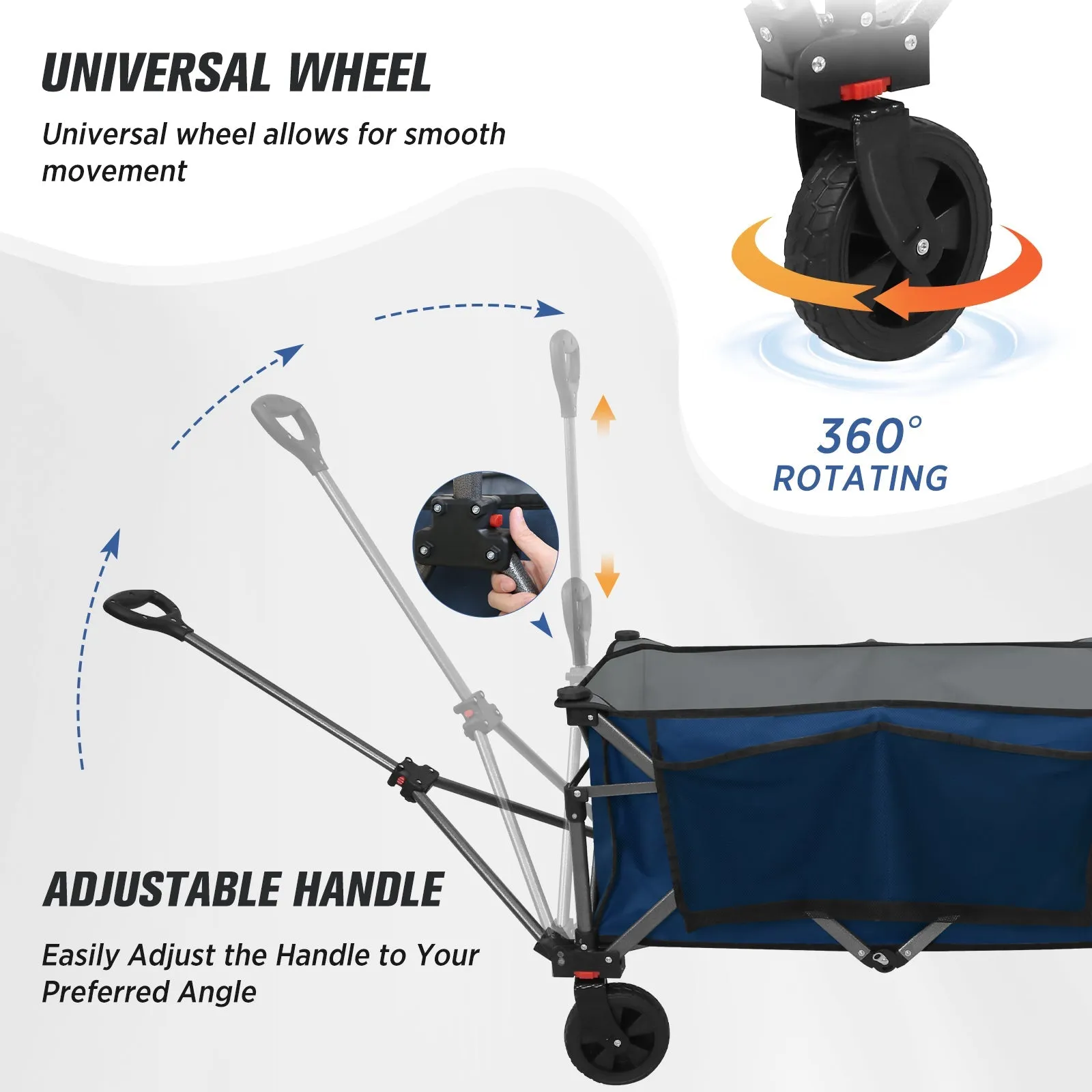 EAGLE PEAK Heavy-Duty Collapsible Folding Utility Wagon, All Terrain Garden Hand Cart with Large Size Pocket and Cup Holders for Sports, Beach, Camping, Garden, and Grocery, Black / Dark Blue