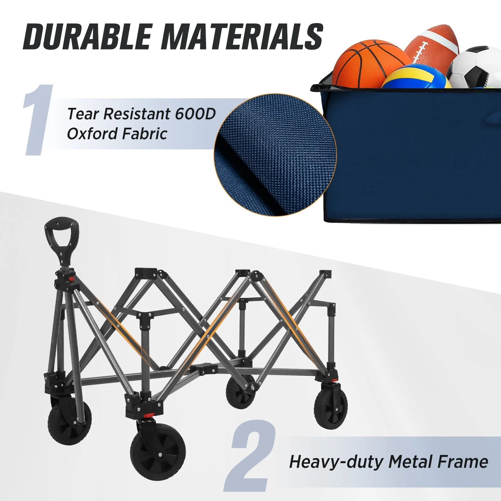EAGLE PEAK Heavy-Duty Collapsible Folding Utility Wagon, All Terrain Garden Hand Cart with Large Size Pocket and Cup Holders for Sports, Beach, Camping, Garden, and Grocery, Black / Dark Blue