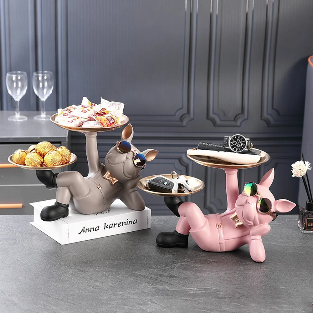 French Bulldog Sculpture with 2 Metal Tray Holder