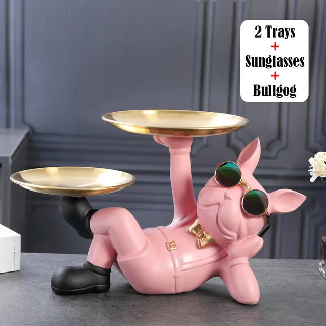 French Bulldog Sculpture with 2 Metal Tray Holder