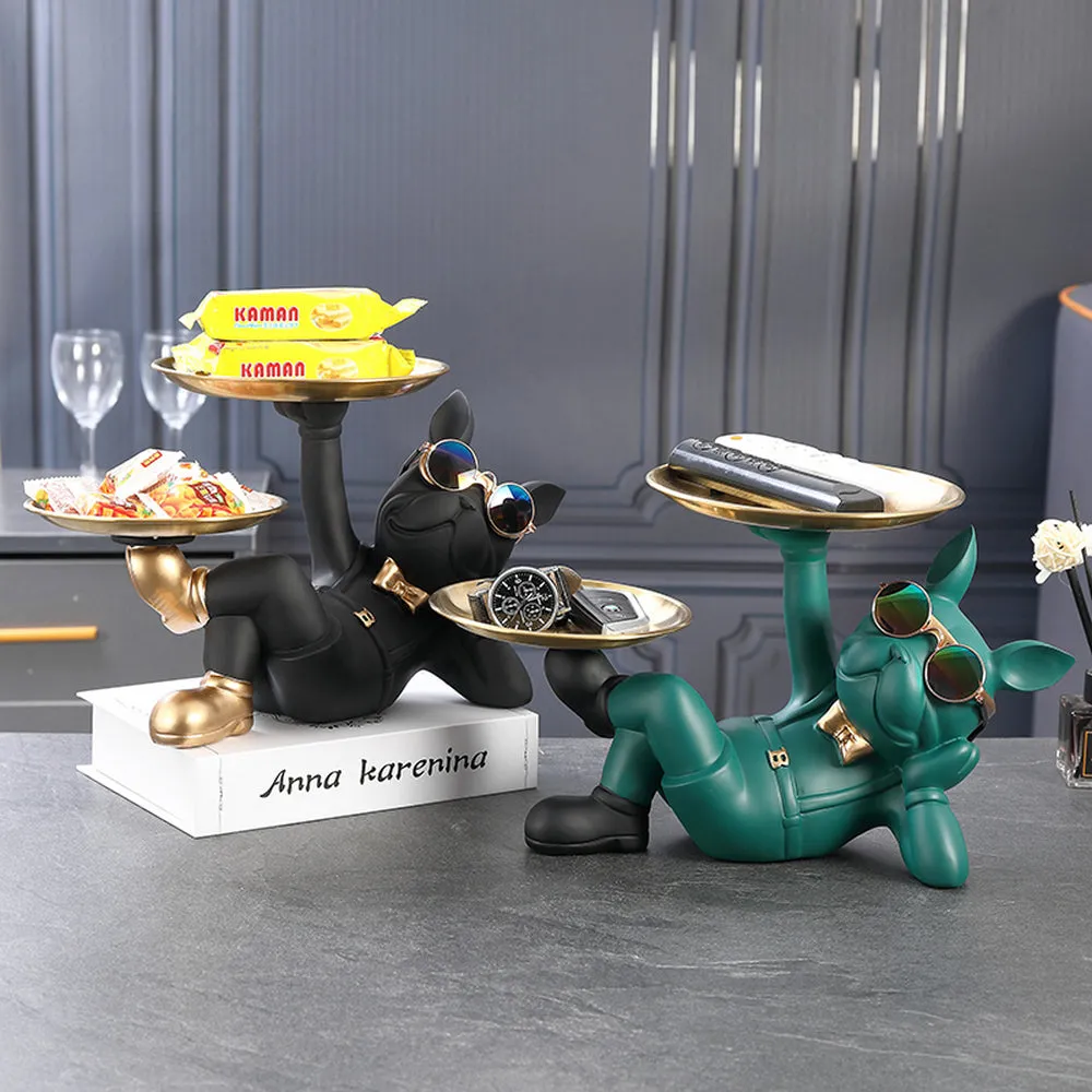 French Bulldog Sculpture with 2 Metal Tray Holder