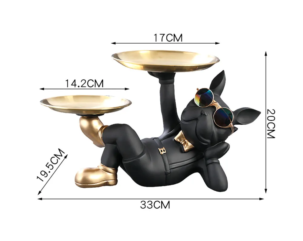 French Bulldog Sculpture with 2 Metal Tray Holder