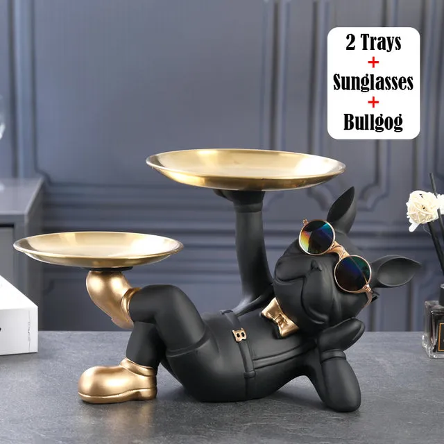 French Bulldog Sculpture with 2 Metal Tray Holder