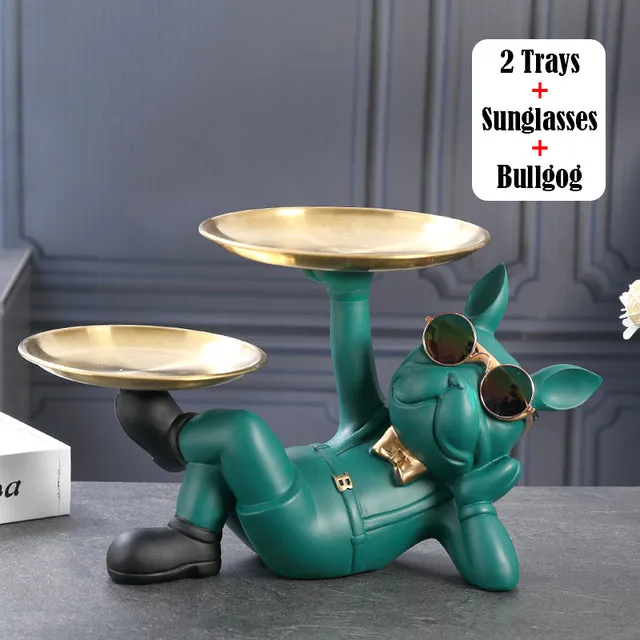 French Bulldog Sculpture with 2 Metal Tray Holder