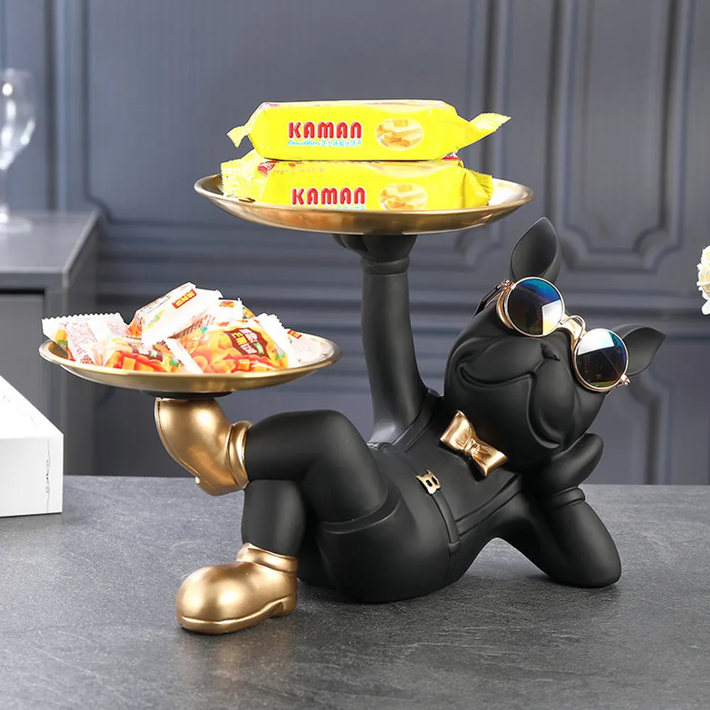French Bulldog Sculpture with 2 Metal Tray Holder