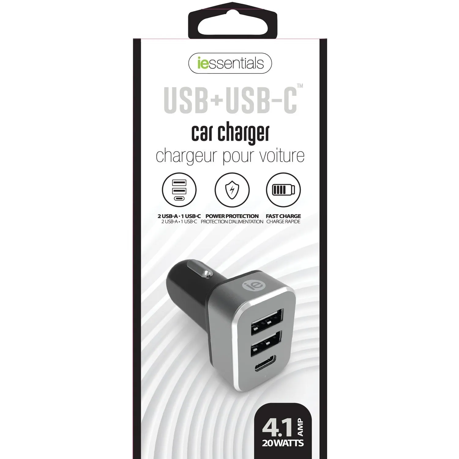 iEssentials IEN-PC42A1C-BK 4.1-Amp Car Charger, 2 USB-A & 1 USB-C