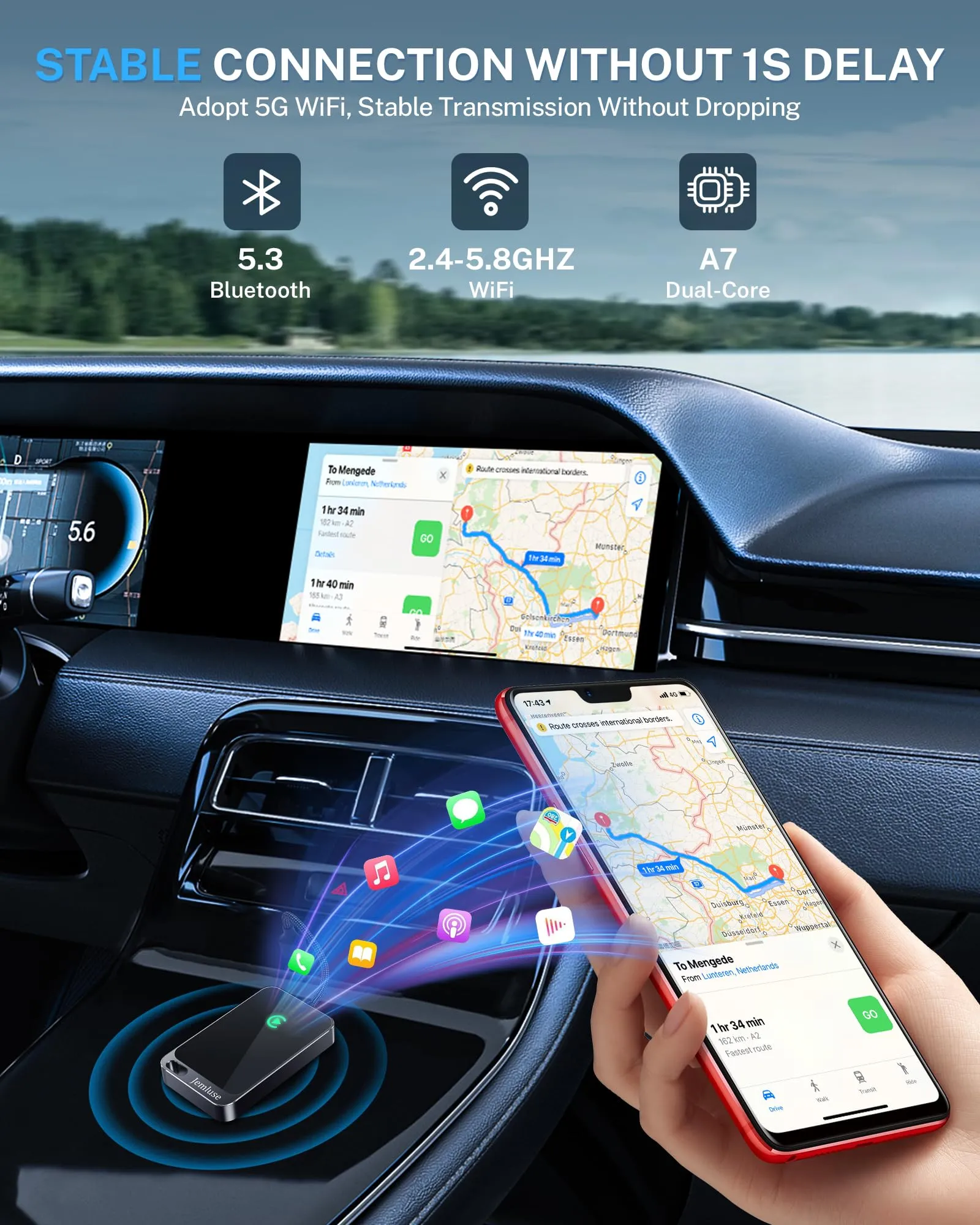 Jemluse Wireless CarPlay Adapter for Apple iPhone (2024 Upgraded) - Multi-User Seamless Connection for Convert Wired to Wireless Car Play Adapter - No Latency from iOS 10  to Screen w/USB C (Gray)