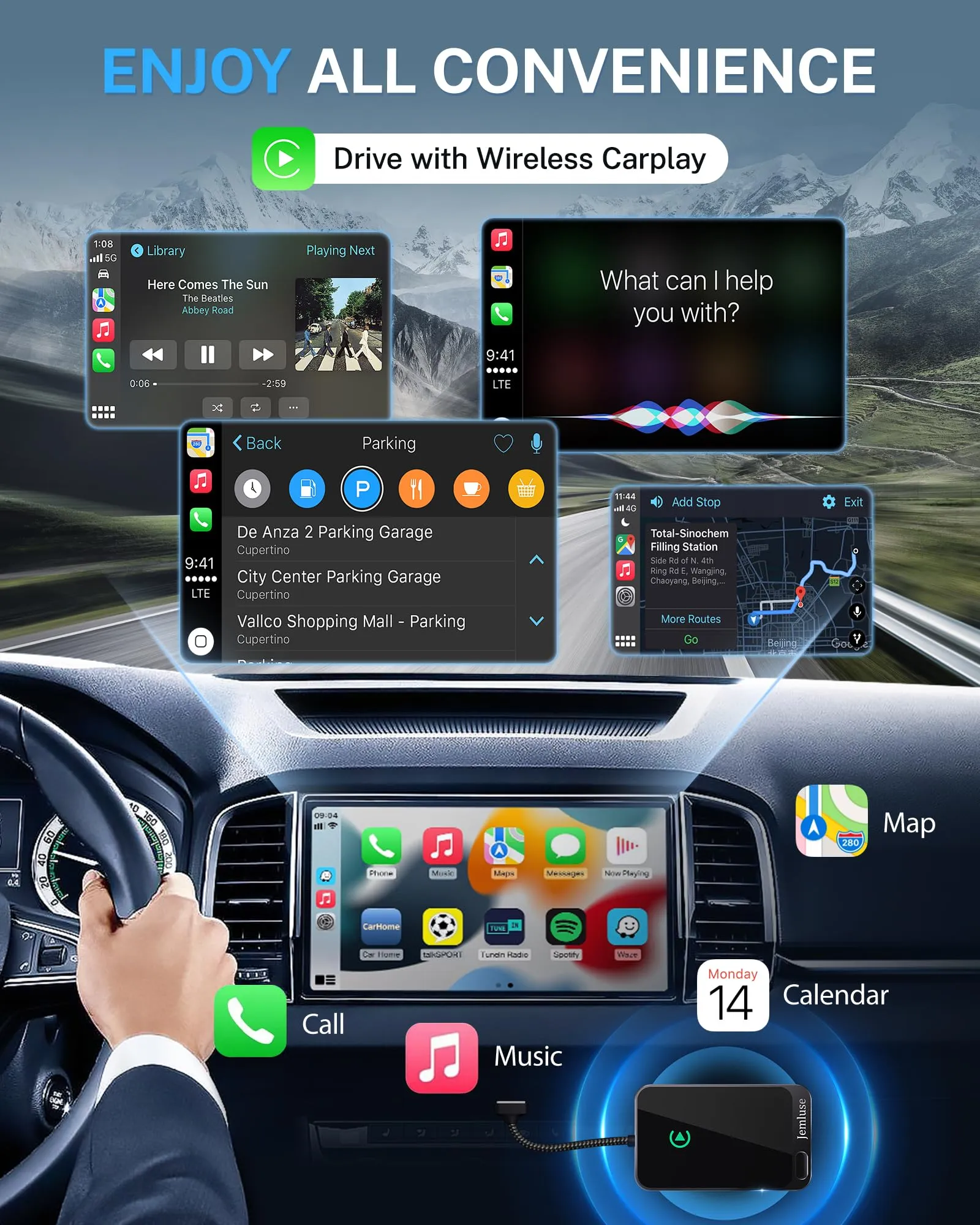 Jemluse Wireless CarPlay Adapter for Apple iPhone (2024 Upgraded) - Multi-User Seamless Connection for Convert Wired to Wireless Car Play Adapter - No Latency from iOS 10  to Screen w/USB C (Gray)