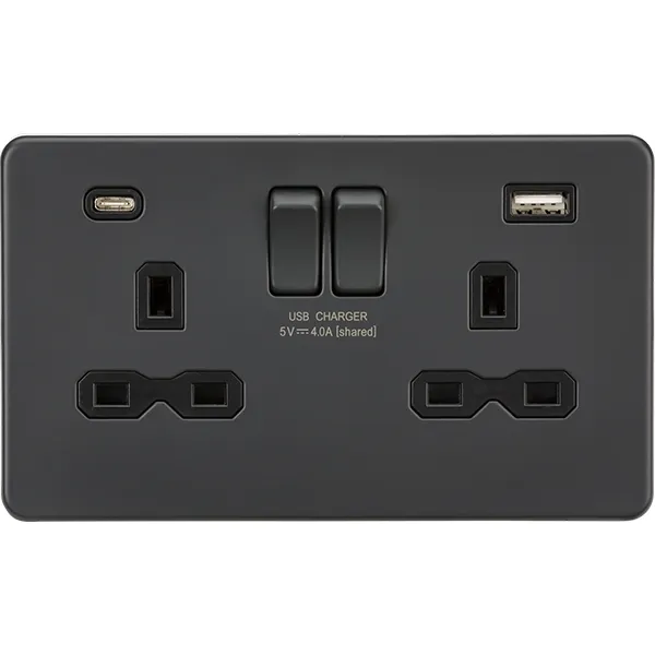 Knightsbridge Screwless 13A 2 Gang Switched Socket Dual USB A C Anthracite with Black Insert
