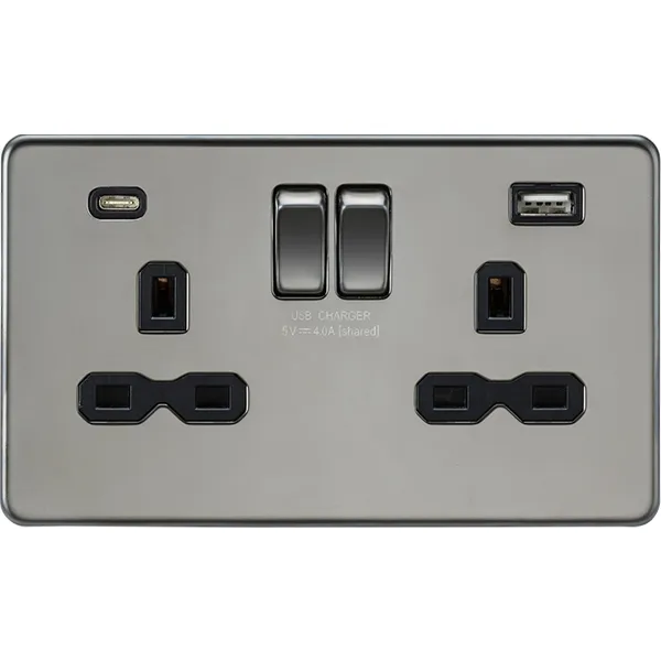 Knightsbridge Screwless 13A 2 Gang Switched Socket Dual USB A C Black Nickel with Black Insert