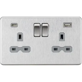 Knightsbridge Screwless 13A 2 Gang Switched Socket Dual USB A C Brushed Chrome with Grey Insert