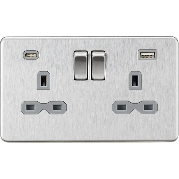 Knightsbridge Screwless 13A 2 Gang Switched Socket Dual USB A C Brushed Chrome with Grey Insert
