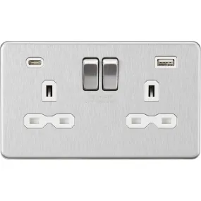 Knightsbridge Screwless 13A 2 Gang Switched Socket Dual USB A C Brushed Chrome with White Insert