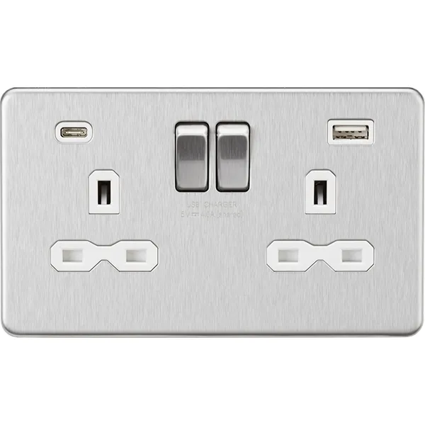 Knightsbridge Screwless 13A 2 Gang Switched Socket Dual USB A C Brushed Chrome with White Insert