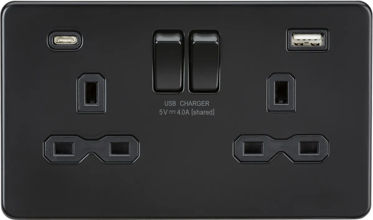 Knightsbridge Screwless 13A 2 Gang Switched Socket Dual USB A C Matt Black with Black Insert