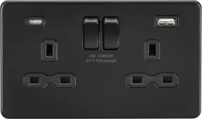 Knightsbridge Screwless 13A 2 Gang Switched Socket Dual USB A C Matt Black with Black Insert