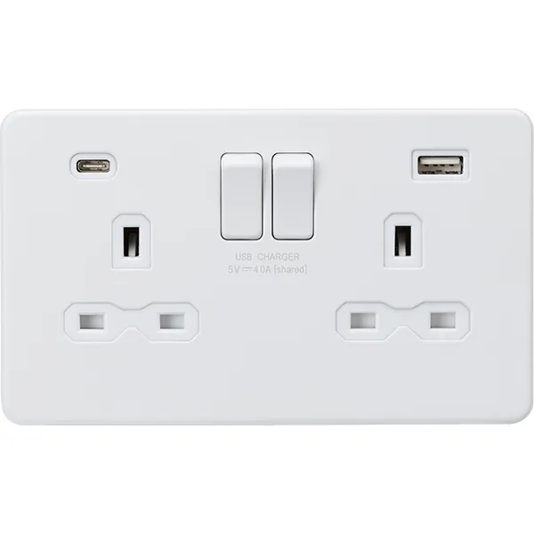 Knightsbridge Screwless 13A 2 Gang Switched Socket Dual USB A C Matt White