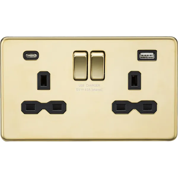 Knightsbridge Screwless 13A 2 Gang Switched Socket Dual USB A C Polished Brass with Black Insert