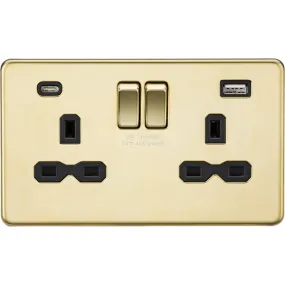 Knightsbridge Screwless 13A 2 Gang Switched Socket Dual USB A C Polished Brass with Black Insert