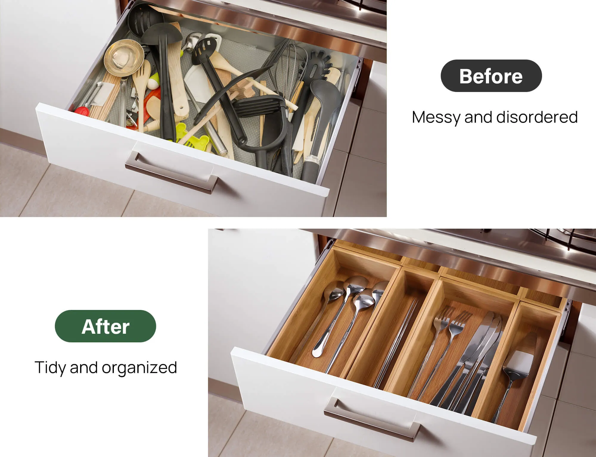 Kootek 8 Pcs Bamboo Drawer Organizer Utensil Tray Kitchen Storage Box 4-Size Versatile Dividers Cutlery Holders Bins Containers for Flatware Kitchen Utensils