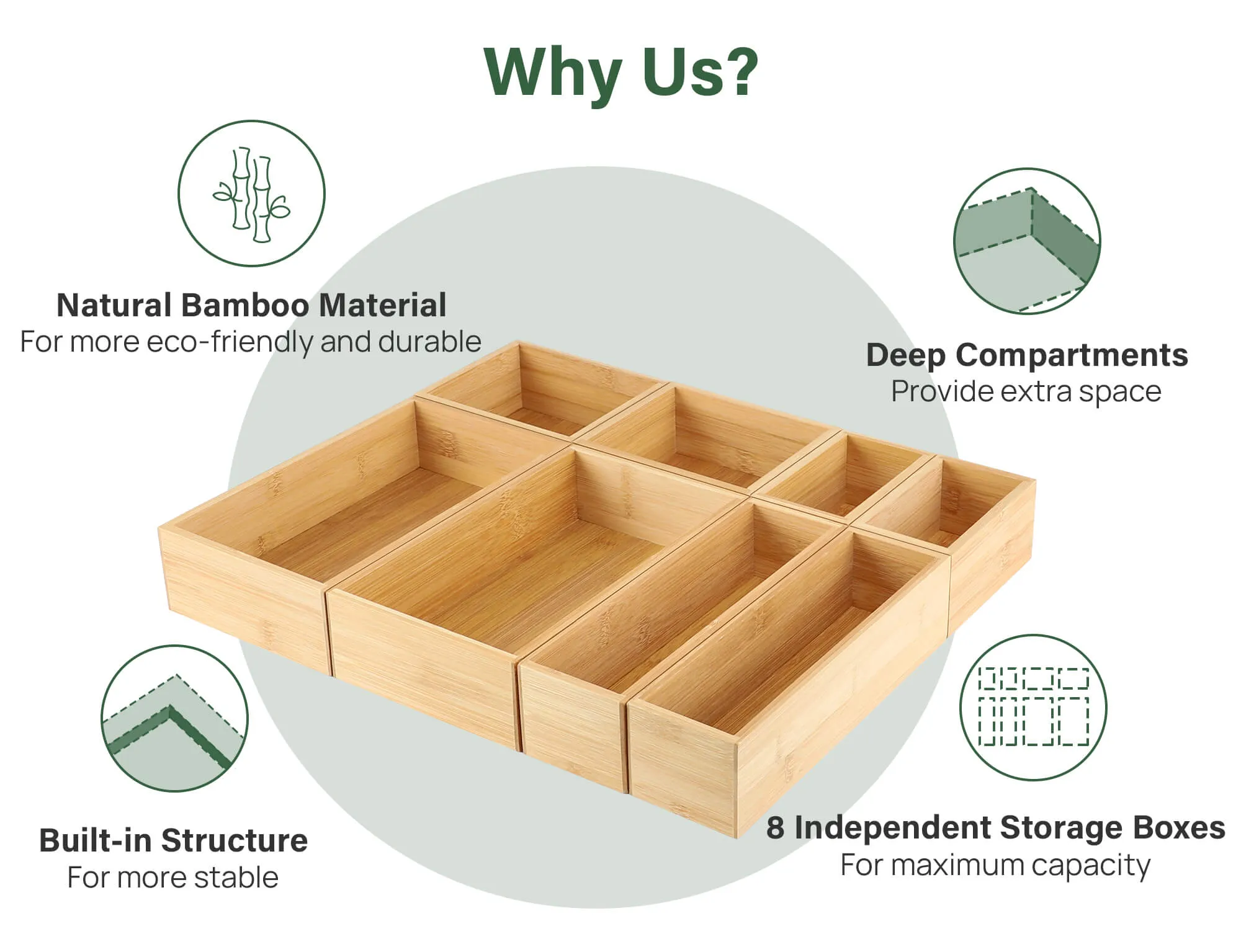 Kootek 8 Pcs Bamboo Drawer Organizer Utensil Tray Kitchen Storage Box 4-Size Versatile Dividers Cutlery Holders Bins Containers for Flatware Kitchen Utensils