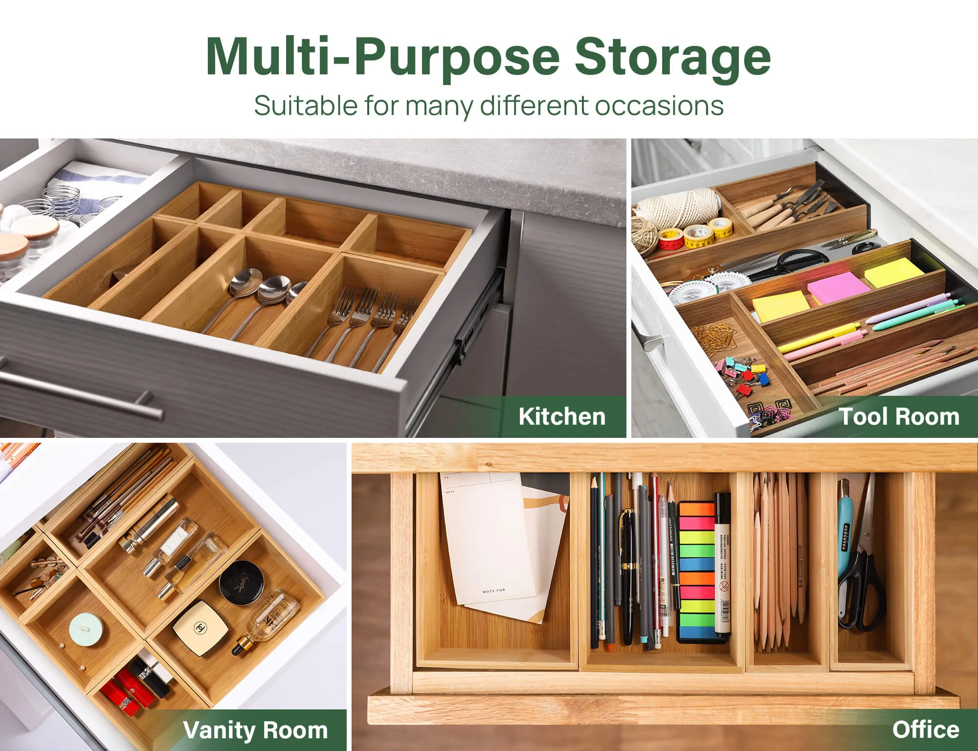 Kootek 8 Pcs Bamboo Drawer Organizer Utensil Tray Kitchen Storage Box 4-Size Versatile Dividers Cutlery Holders Bins Containers for Flatware Kitchen Utensils