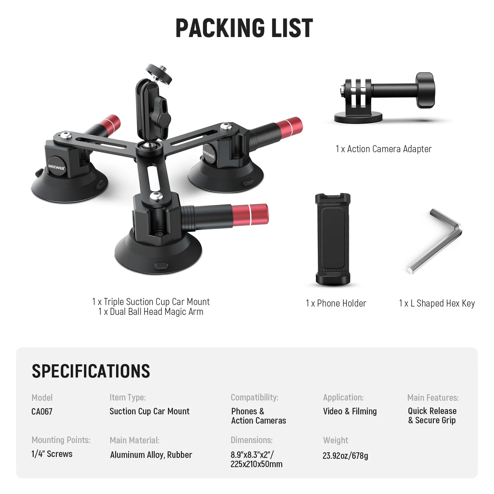 NEEWER CA067 Triple Suction Cup Camera Car Mount